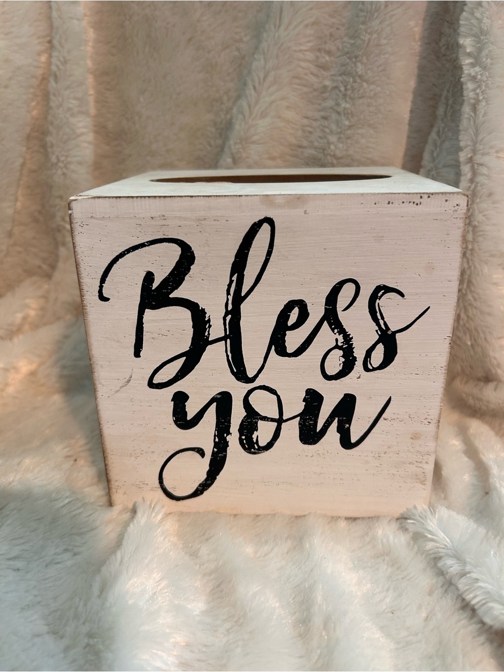 Wooden 'Bless You' Tissue Box Cover - White with Black Script